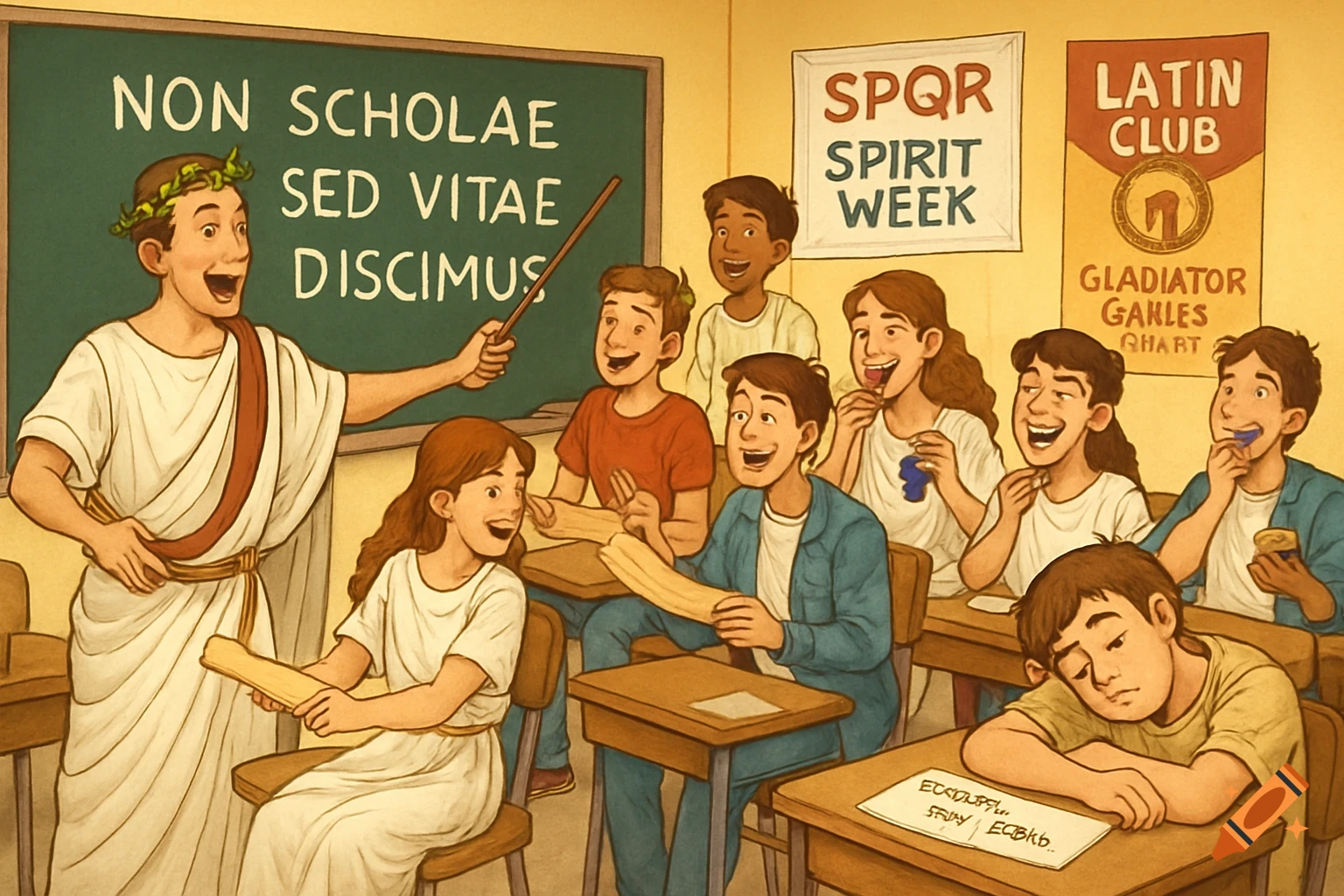 An illustration of a classroom with a teacher dressed as a Roman giving a Latin lesson to students, some of whom are dressed in togas and some in modern clothes, with one student asleep at his desk.