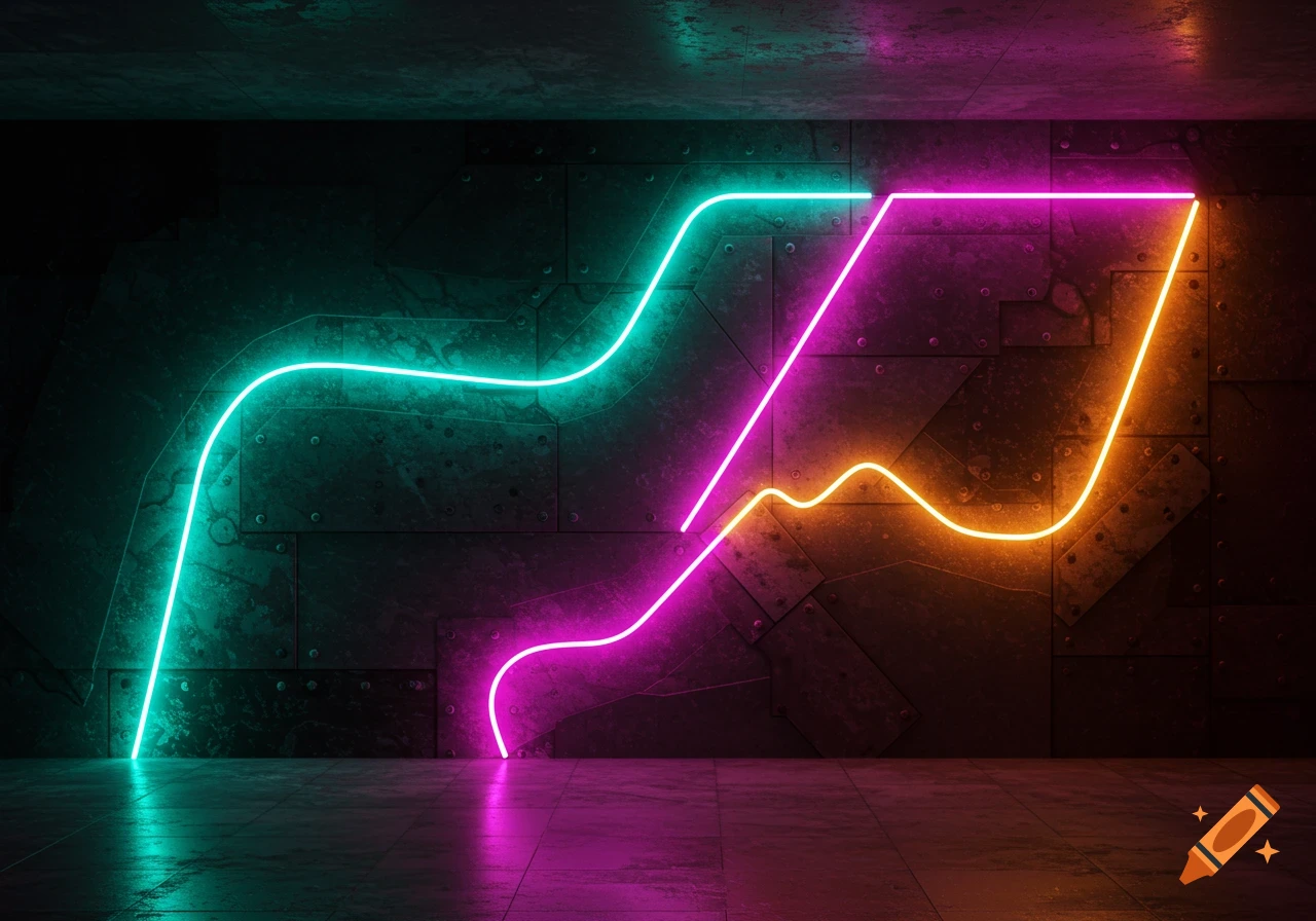 Abstract image of curving teal, magenta, and orange neon light strips on a dark textured metal wall with reflections on the floor.
