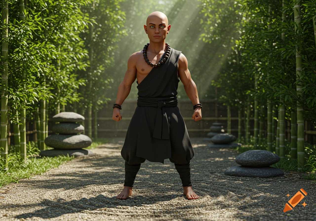 A hyper realistic young, athletic bald monk with a scar through his left eye, in black robes, stands on a gravel path in a bamboo forest.