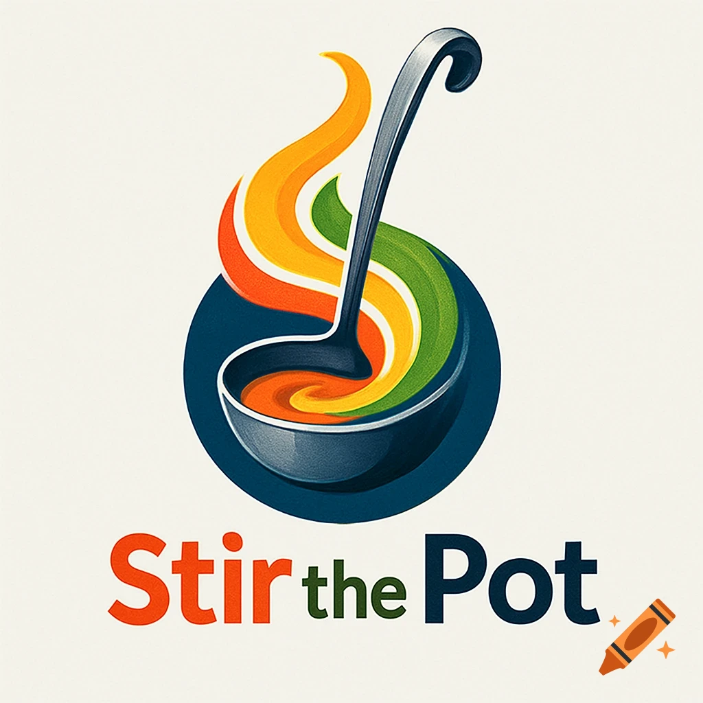 A colorful logo featuring a black ladle stirring into a blue circle with orange, yellow, and green flames rising from it. Below the image, the text 'Stir the Pot' is written in orange and green.