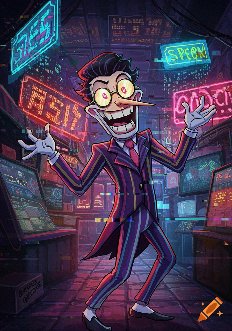A stylized cartoon character resembling Spamton G. Spamton from Deltarune, with a wide grin, yellow glasses, and a striped suit, stands in a neon-lit, glitch-effected cyberpunk city interior with glowing signs and computer screens.