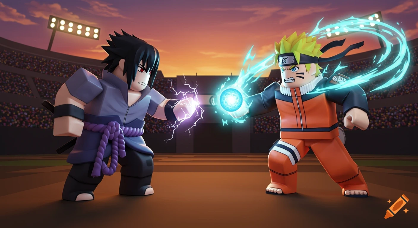 Roblox-style Naruto and Sasuke characters face off in a stadium, preparing to attack with blue and purple energy.