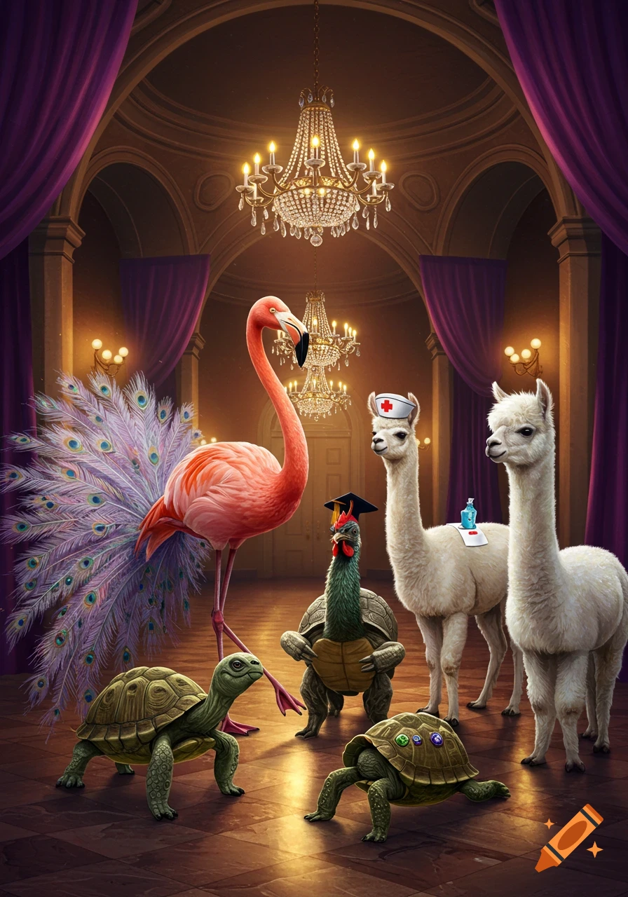 A flamingo with a peacock tail, a chicken in a graduation cap, three turtles, and two llamas (one with a nurse's hat and another with a sanitizer bottle) in a grand, chandelier-lit ballroom.