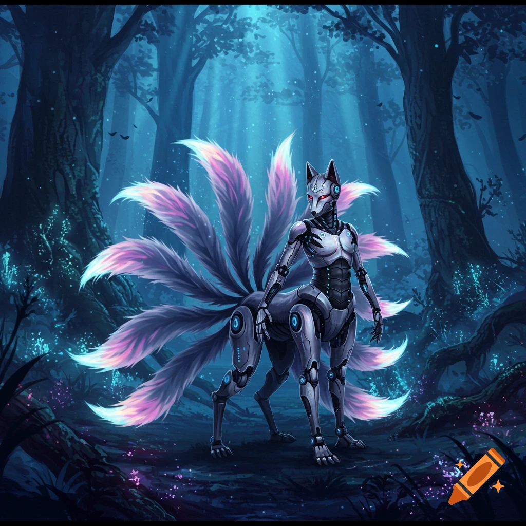 A robotic nine-tailed fox humanoid stands in a mystical blue forest with glowing plants and sun rays.