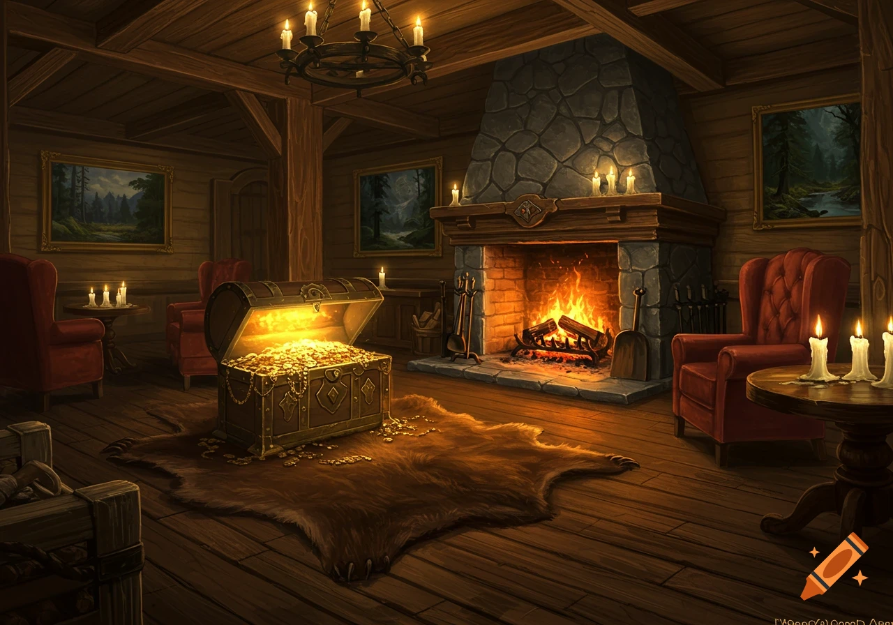 A warm, cozy fantasy inn interior featuring a stone fireplace with a roaring fire, an open treasure chest overflowing with gold and jewels, and a bear skin rug on the wooden floor. Two red armchairs and candles illuminate the room.