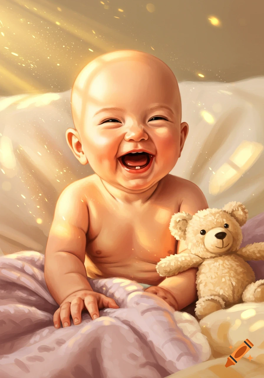 A smiling baby, bald and happy, sits on a bed next to a teddy bear, bathed in warm, golden light.