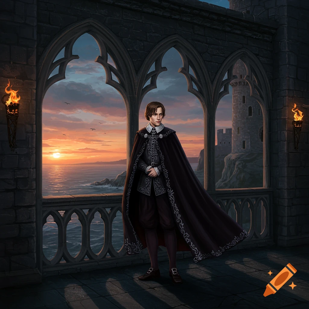 Young man in ornate dark clothes and cape on a gothic balcony overlooking a sunset ocean with a castle tower in the distance.