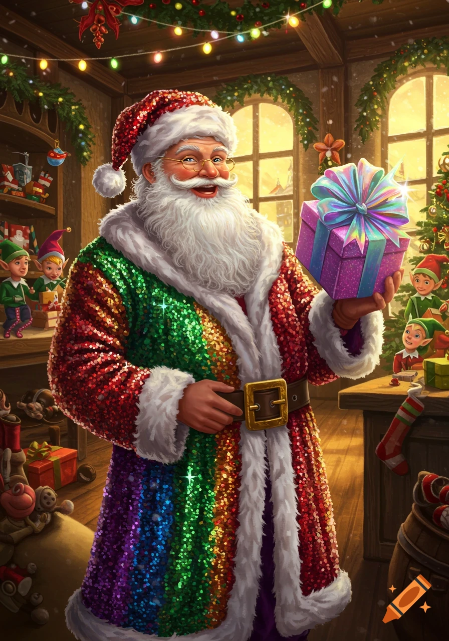 Santa Claus in a rainbow sequined coat holds a gift in his workshop, surrounded by elves and Christmas decorations.