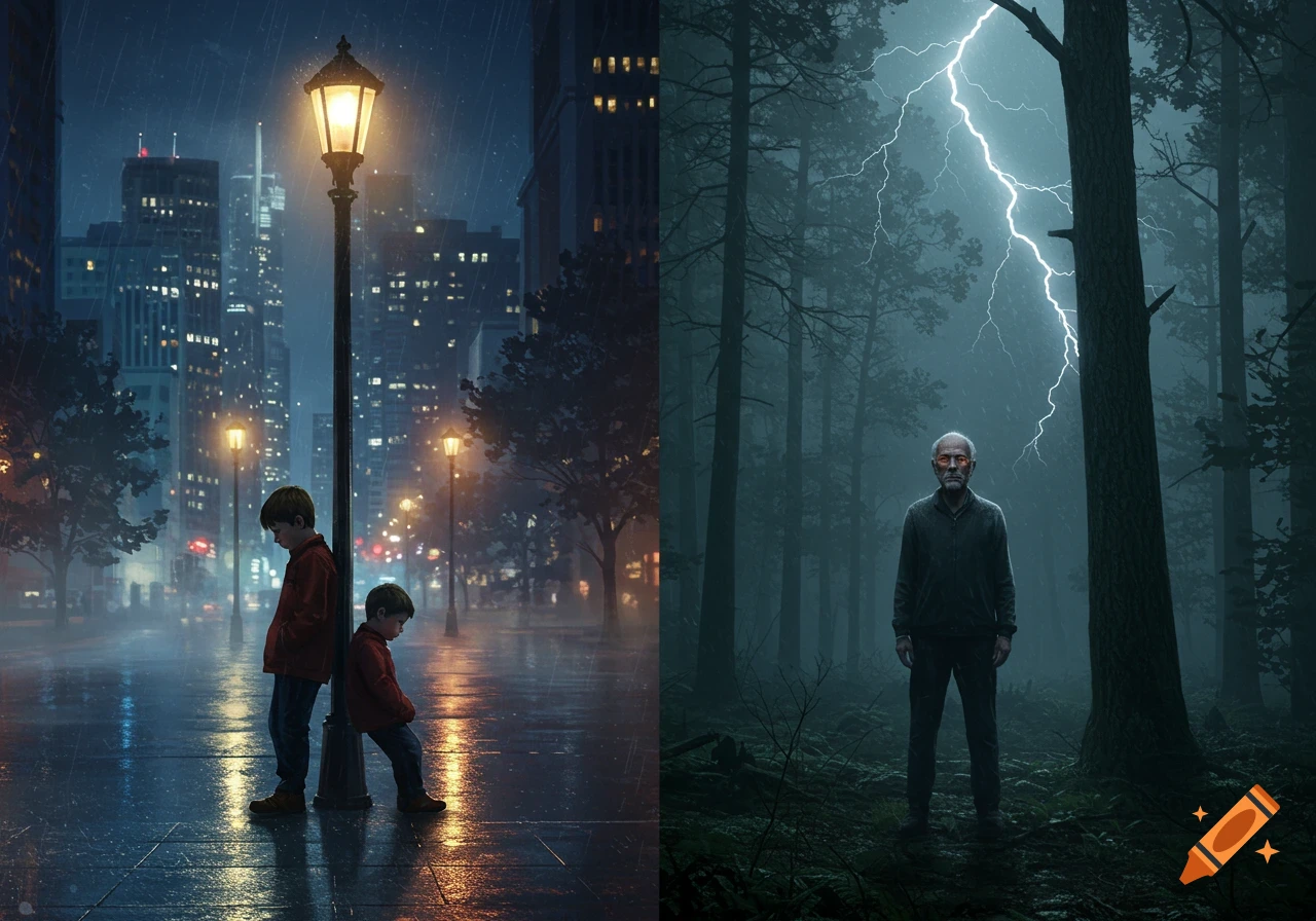 A diptych featuring two boys in the rain in a city at night and an old man in a dark forest with lightning.