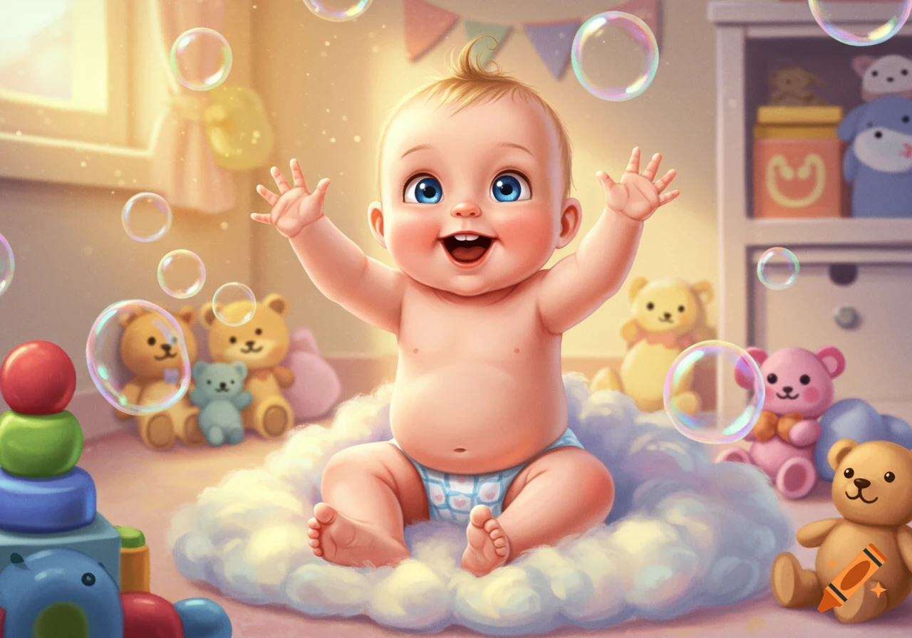 A cute, happy cartoon baby with blue eyes sits on a fluffy cloud, arms raised, surrounded by toys and bubbles in a sunny playroom.