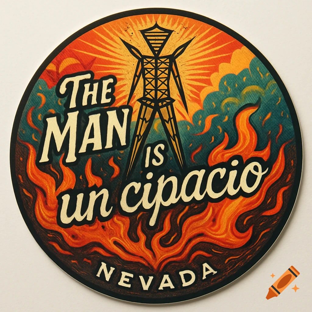 Circular sticker for Burning Man festival with The Man structure, flames, and text 'The Man is un cipacio NEVADA'.