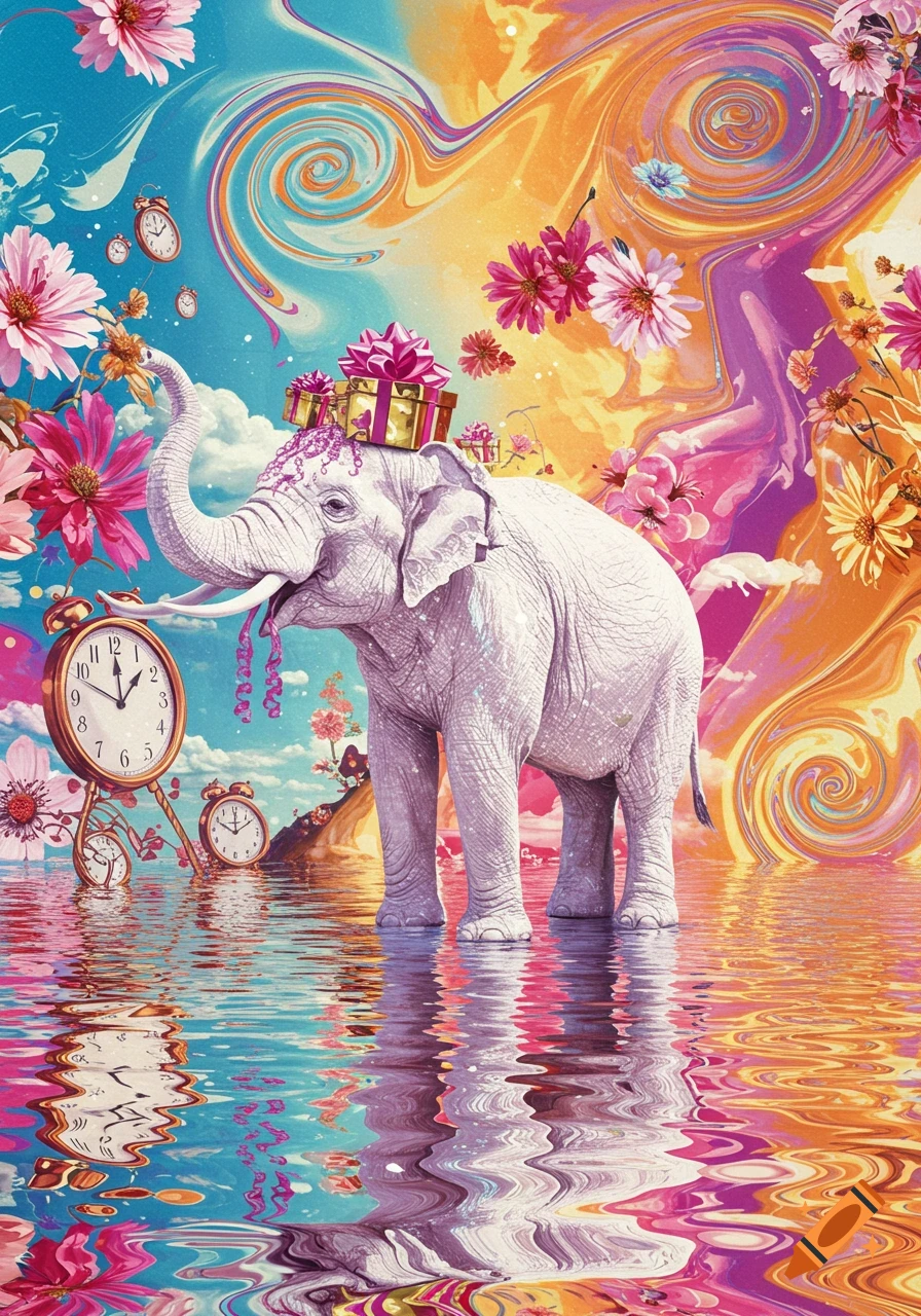 A white elephant with gifts on its head stands in water among large flowers and melting alarm clocks, in a colorful, surreal, psychedelic style.