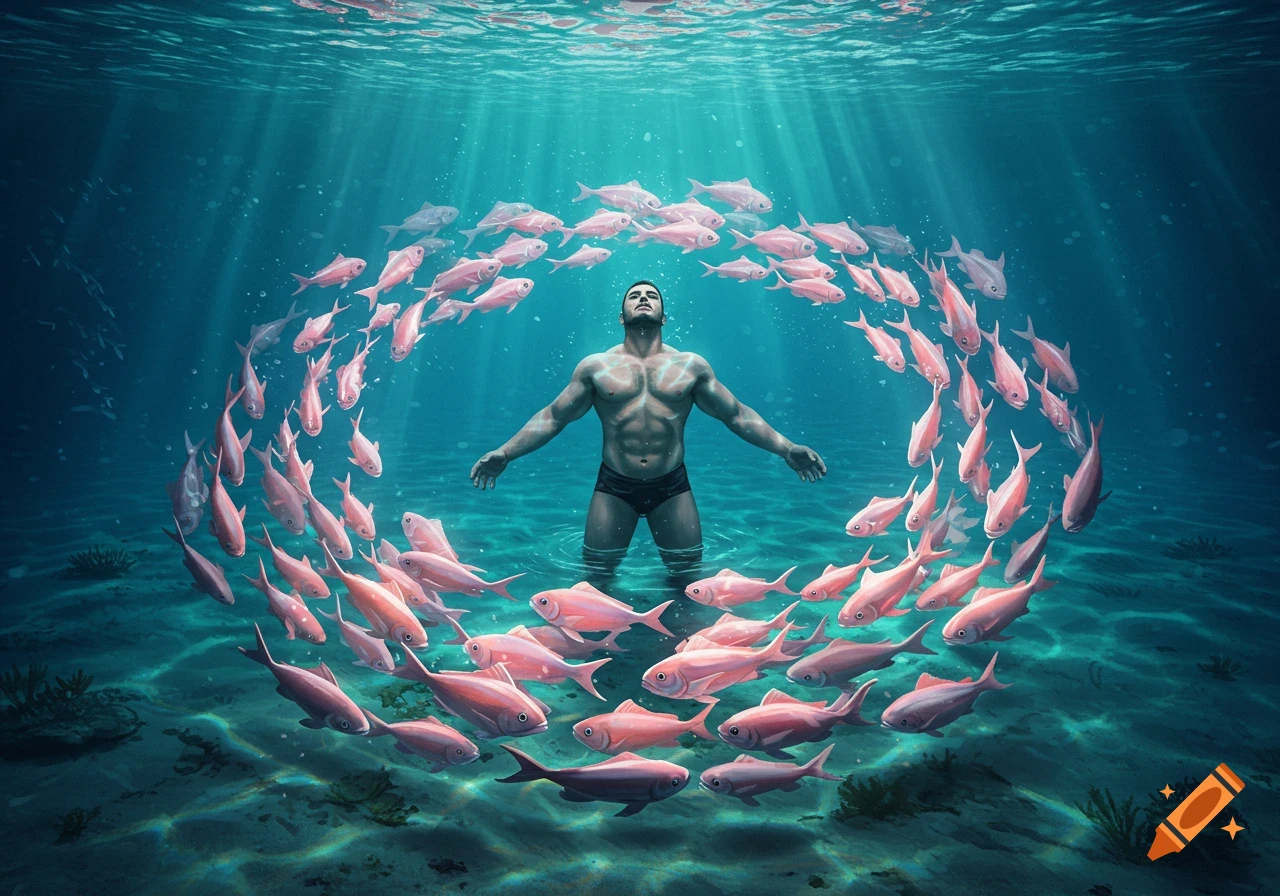 A muscular man stands underwater with his arms outstretched, surrounded by a circle of pink fish, as sun rays pierce the water.