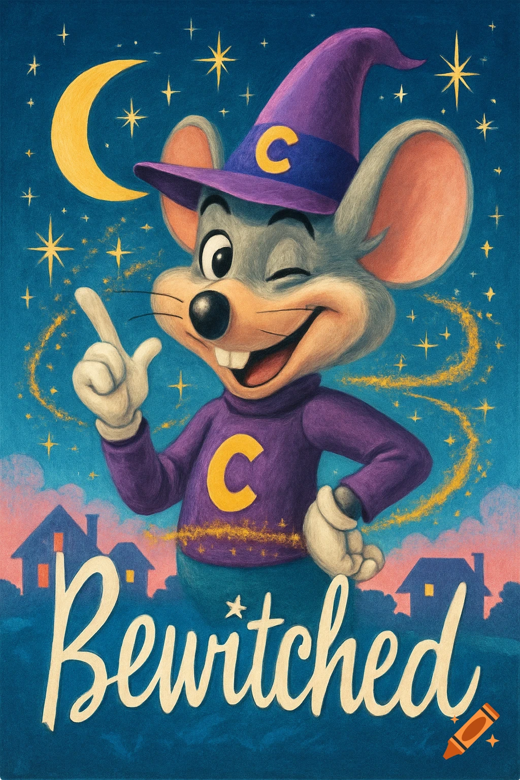 Chuck E. Cheese as a wizard, winking and pointing, under a crescent moon with stars and sparkling magic, with 'Bewitched' text.