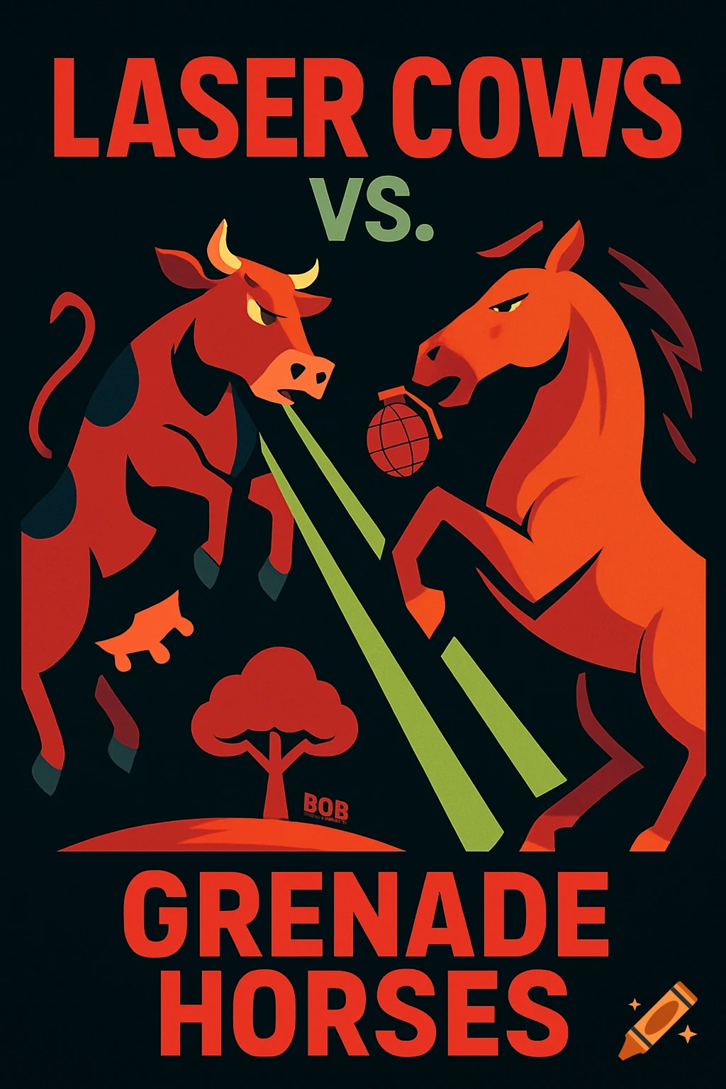 A graphic movie poster for 'Laser Cows vs. Grenade Horses' with a red cow shooting lasers from udders and a red horse with a grenade in its mouth.