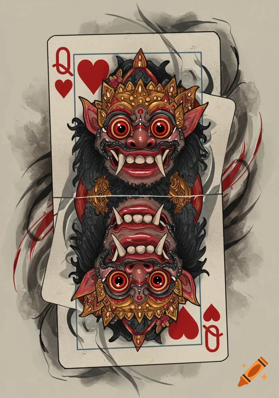 A Queen of Hearts playing card featuring stylized Barong and Rangda masks in a tattoo art style.