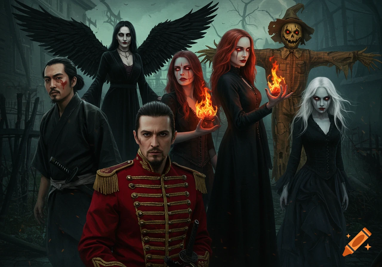 A group of diverse, gothic-themed characters including a man in a red military coat, a samurai, a winged woman, two fire-wielding women with glowing eyes, and a scarecrow, stand in a spooky setting.