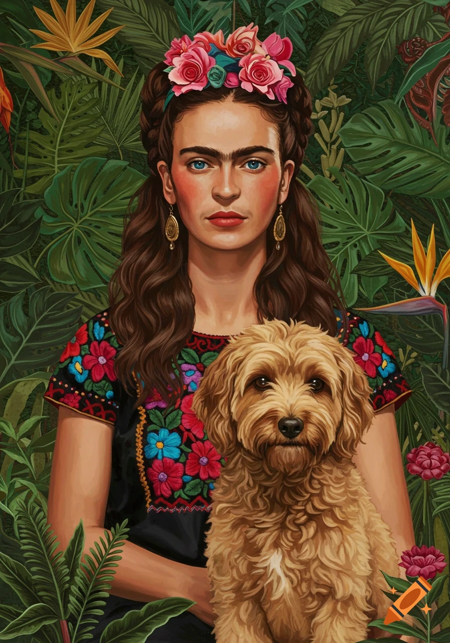 A portrait of a woman in the style of Frida Kahlo, with a unibrow and floral headpiece, holding a goldendoodle dog, surrounded by lush jungle foliage.