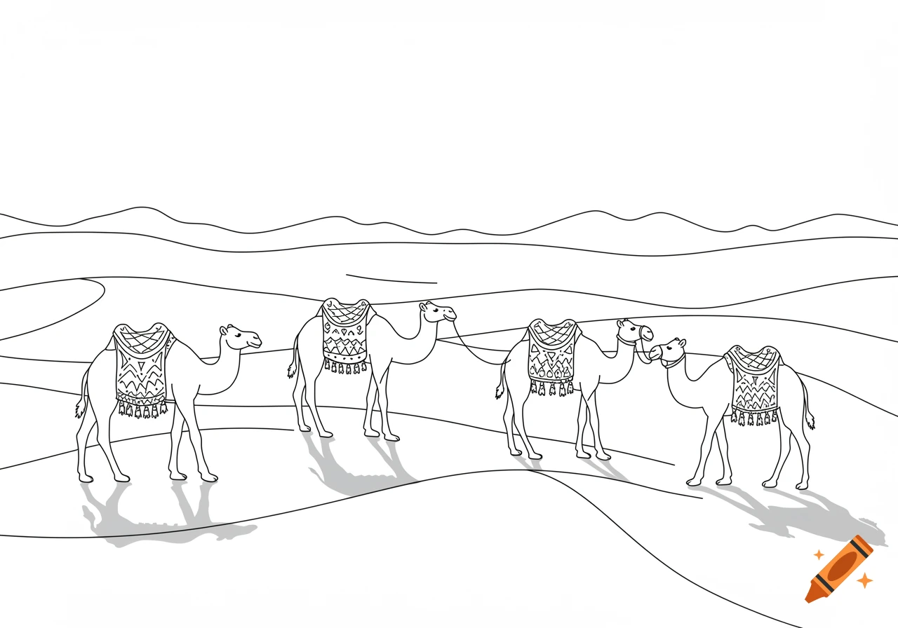 Black and white line art of a camel caravan with decorative saddles traveling across sand dunes in a desert.