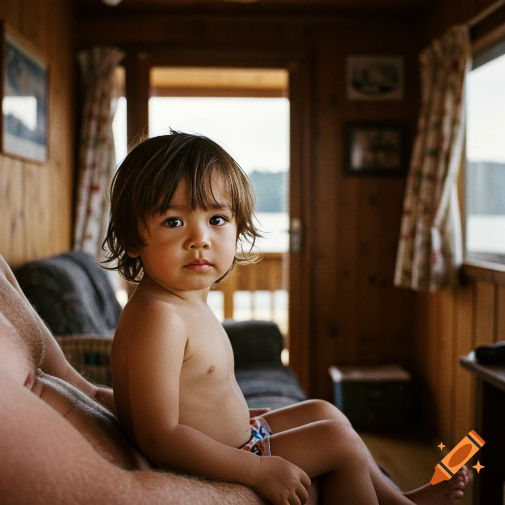 A little boy in a swimsuit sits on a man's leg inside a rustic wooden cabin, looking at the camera. A lake is seen through the window.