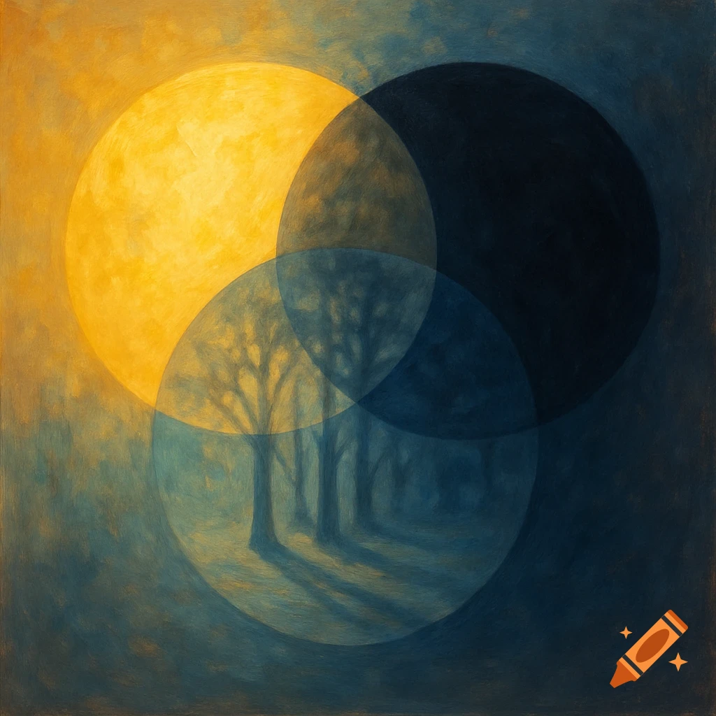 Painterly Venn diagram of three overlapping circles: bright yellow, dark blue, and an aqua area showing shadowy trees.