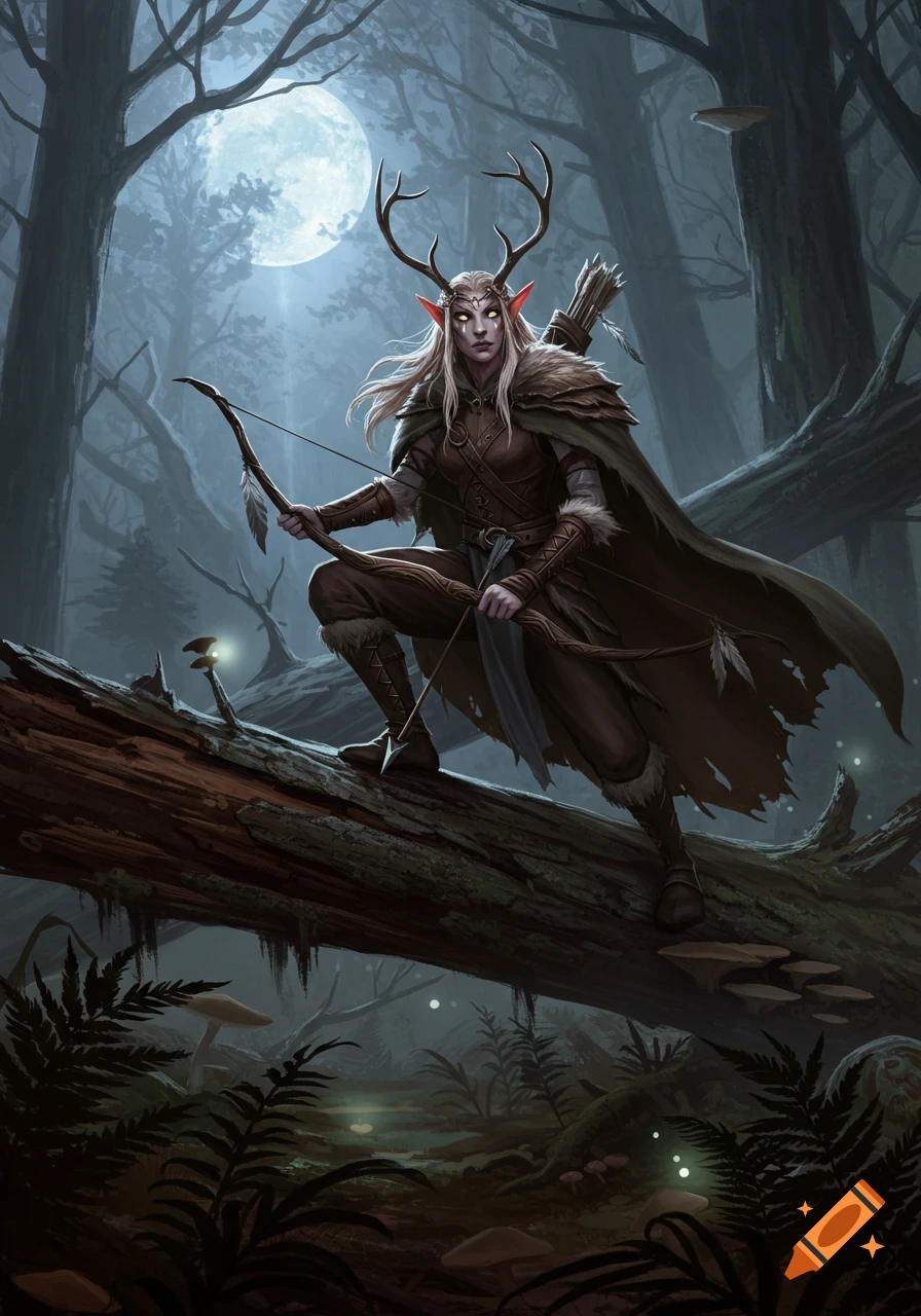 A feral elven huntress with antlers, dressed in furs and leather, crouches on a fallen log in a moonlit enchanted forest, holding a bow.