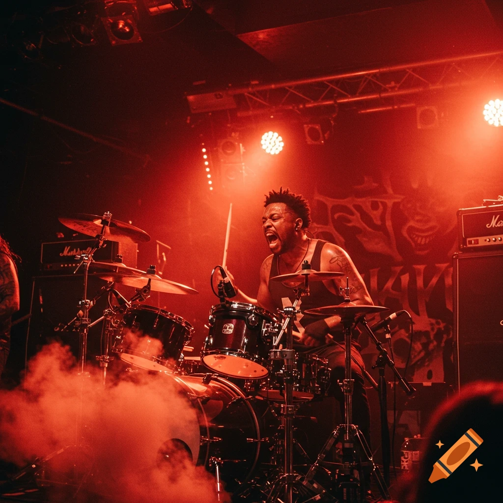 A drummer intensely plays drums on a stage bathed in red light and smoke during a metal concert.