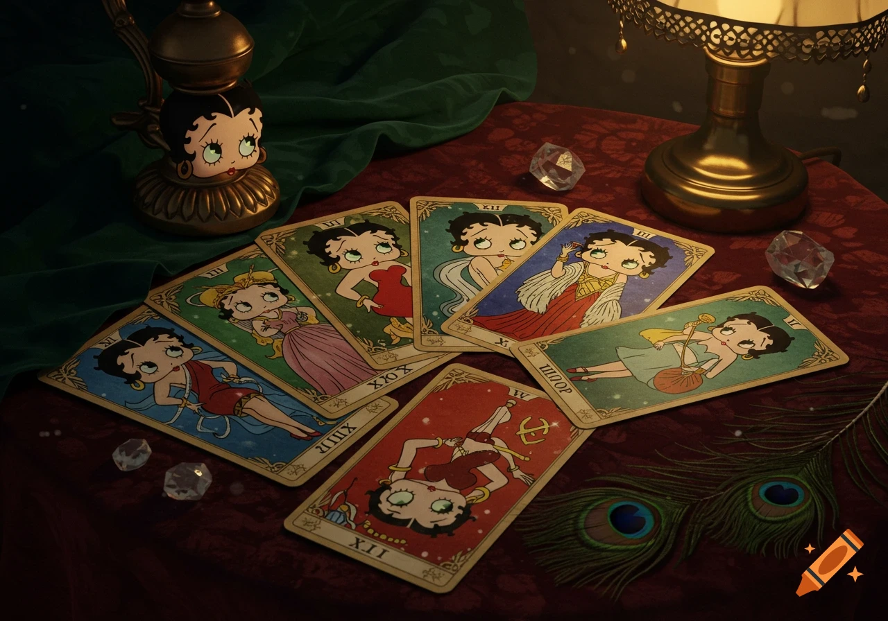 Betty Boop themed tarot cards spread on a table with a lamp, crystals, and peacock feathers.