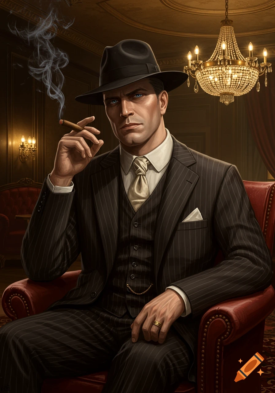 A stern-looking man in a pinstripe suit and fedora sits in an armchair, holding a smoking cigar in a dimly lit, opulent room with a chandelier.