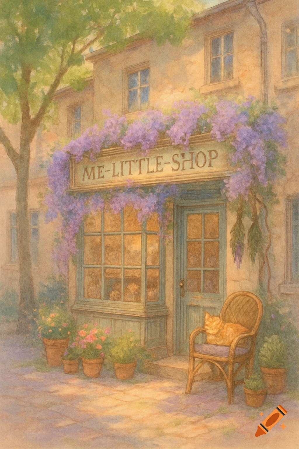 A charming watercolor painting of a shop with a wisteria arch, a cat on a chair, and potted plants.