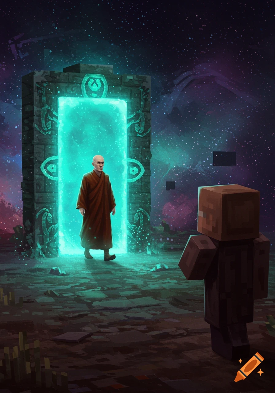 A bald man in brown robes exits a glowing blue portal, facing a blocky Minecraft villager under a starry sky.