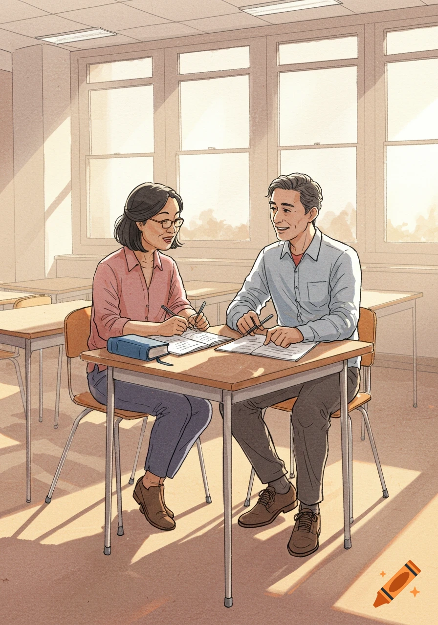 Watercolor and ink illustration of two adults conversing in a sunlit classroom while working on papers at a desk.