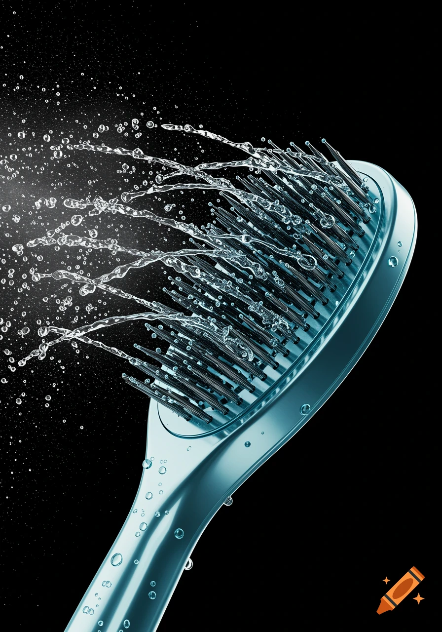 A close-up, high-angle shot of a teal hairbrush with water spraying from its bristles, against a black background.