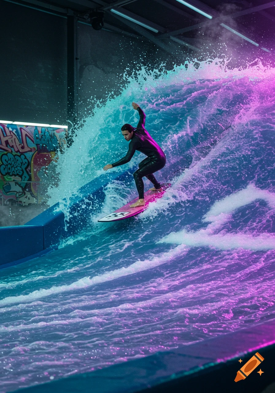 A person in a wetsuit surfs on an indoor wave glowing with pink and blue light, with graffiti on a wall in the background.