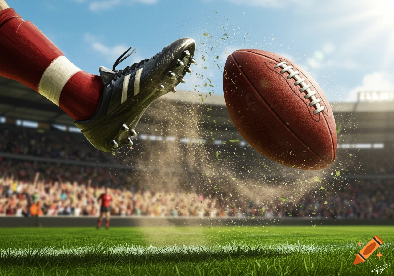A close-up of a foot in a black cleat kicking an American football on a grass field, with dirt and grass flying, in a stadium during daytime.