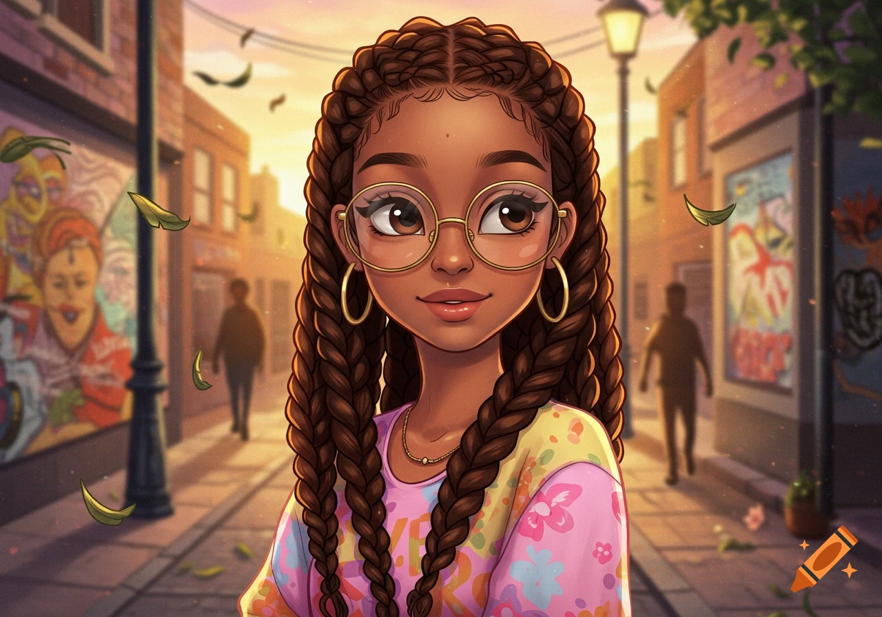 A stylized cartoon illustration of a young girl with dark braided hair and round glasses, smiling in a colorful shirt on a city street at sunset.