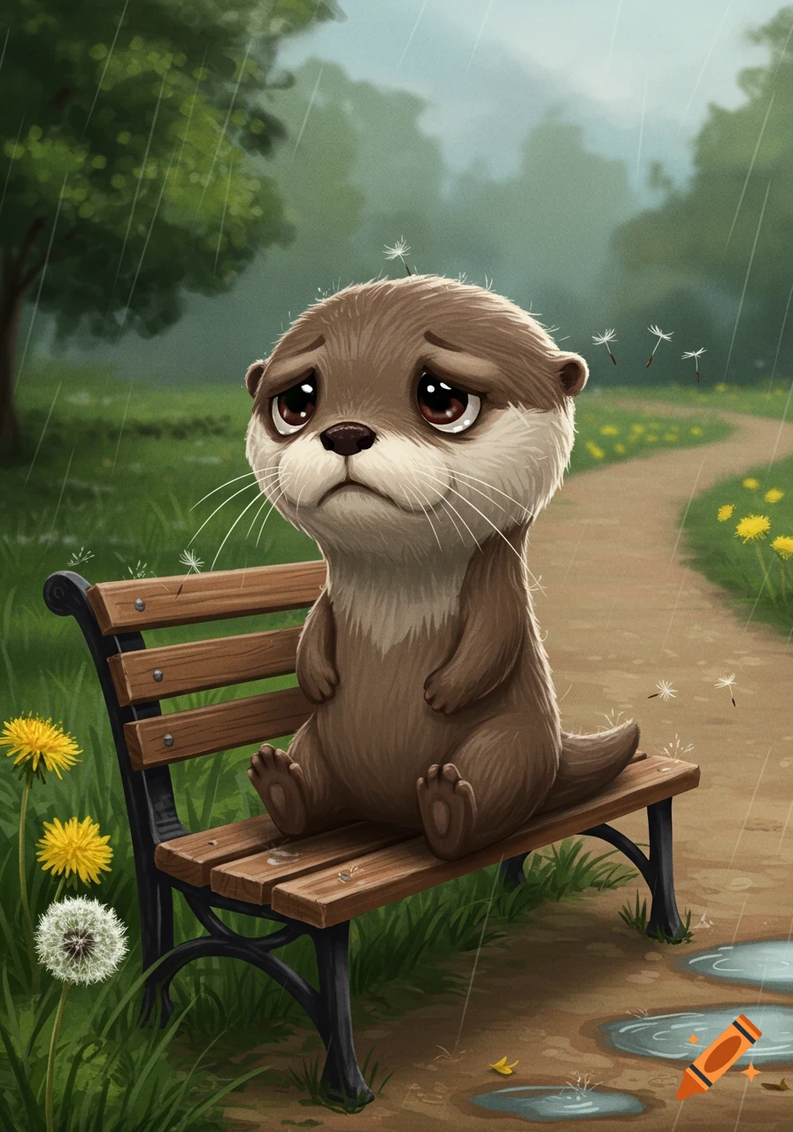 A sad cartoon otter sits on a wooden park bench in the rain, with dandelions nearby.