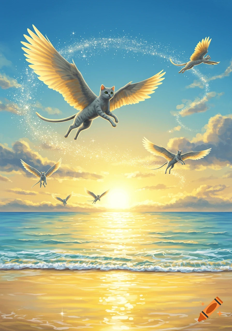 Several winged cats fly across a bright, sparkling sky over a golden beach and ocean during sunrise or sunset.