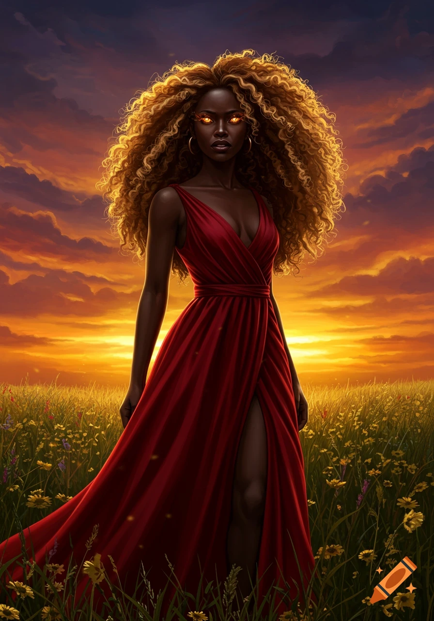 A dark-skinned woman with fiery curly hair and glowing eyes stands in a field of wildflowers under an orange and purple sunset.