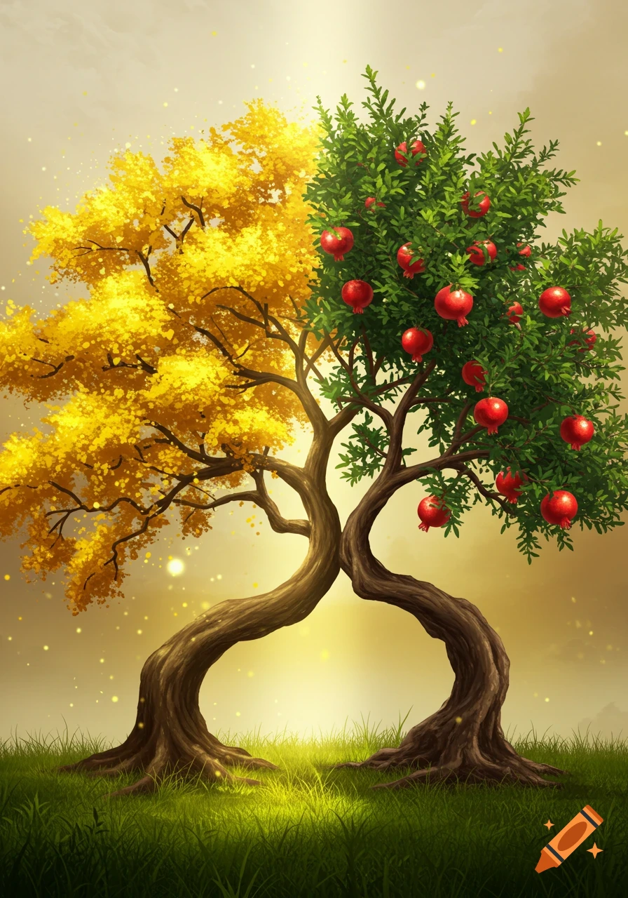 Two intertwining trees: one with golden yellow leaves and the other with green leaves and red pomegranates, rooted in grassy ground.