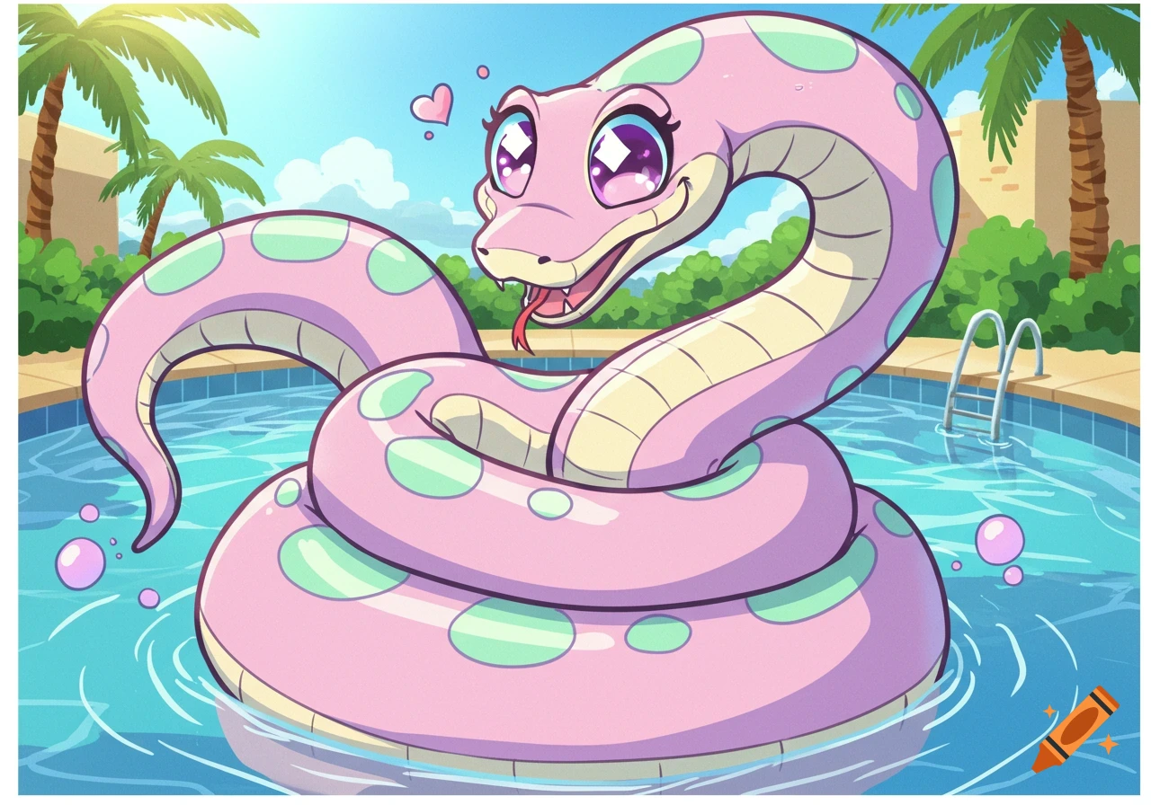 A happy pink and green spotted cartoon snake with large sparkling eyes floats in a blue swimming pool.