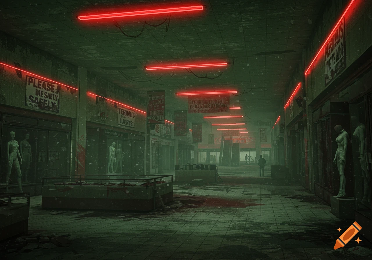 A desolate, abandoned mall bathed in red neon light with debris, bloodstains, and mannequins.