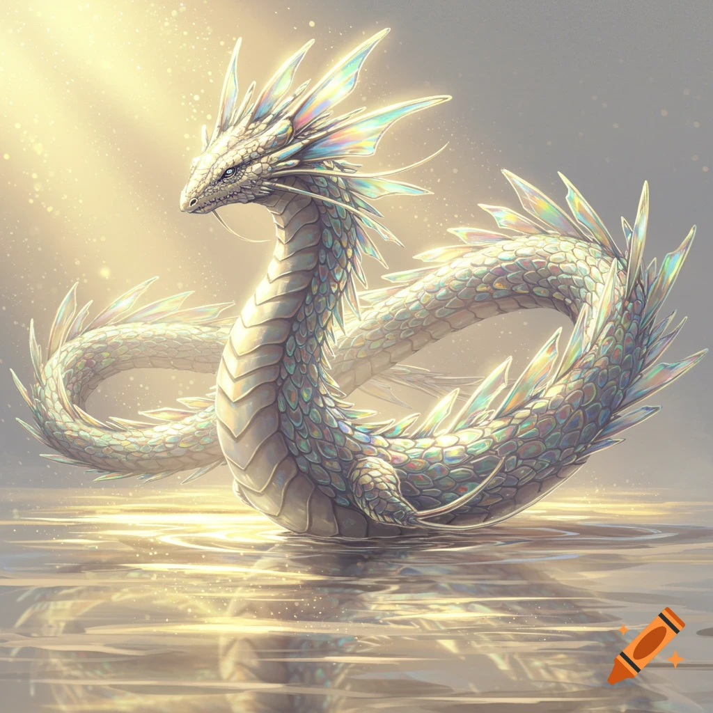 A shimmering, iridescent dragon-like creature with crystalline fins emerges from glowing water under bright sunlight.