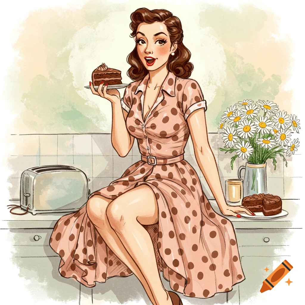 A smiling pin-up girl in a polka dot dress sits on a kitchen counter, holding a slice of chocolate cake in a retro sketch style.