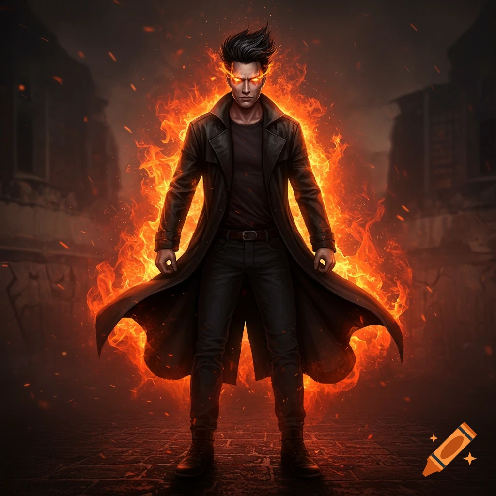 A man with glowing orange eyes and a fiery aura, wearing a black duster coat, stands in a dark, destroyed cityscape.