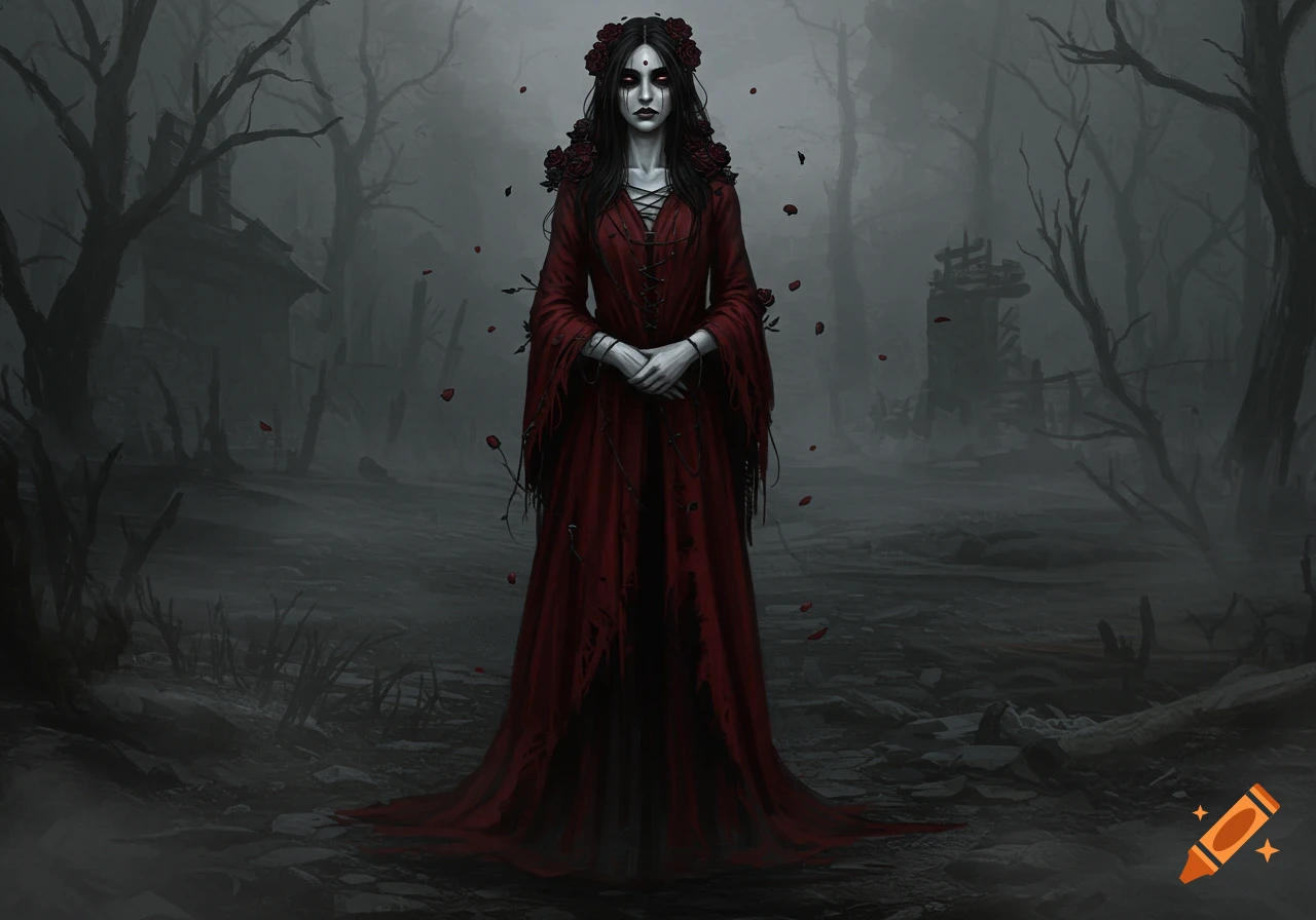 A pale, dark-haired maiden in a long, dark red gown with black roses stands in a misty, desolate forest with fallen red petals. The style is dark fantasy art.