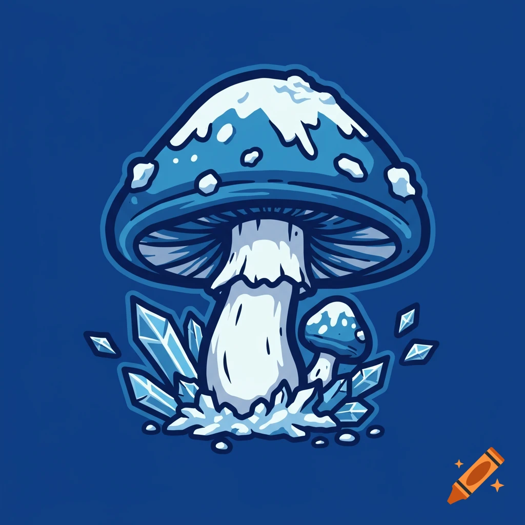 A blue cartoon mushroom with snow and ice crystals in a sports logo style.