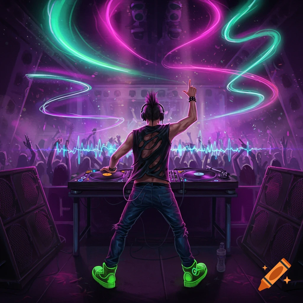 A DJ with a ripped shirt and mohawk stands at turntables, raising a hand to a cheering crowd under vibrant neon lights at a rave.