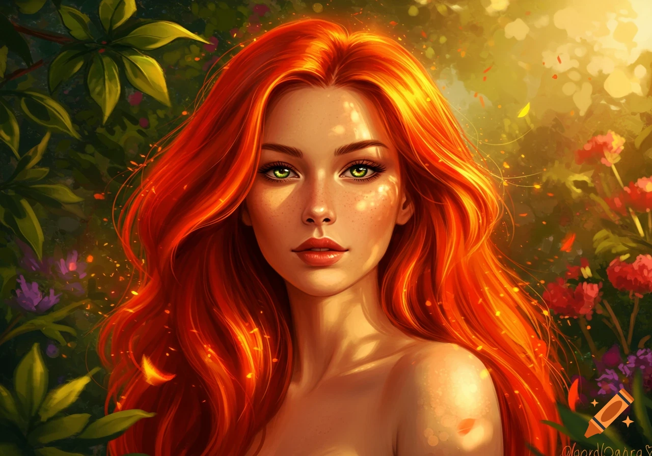 A vibrant portrait of a red-haired woman with bright green eyes, surrounded by glowing foliage and flowers in a golden light.