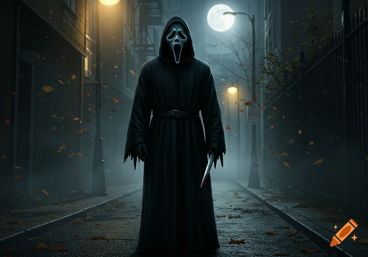 Ghostface character standing in a dark, misty alleyway at night with a full moon and falling leaves, holding a bloody knife.